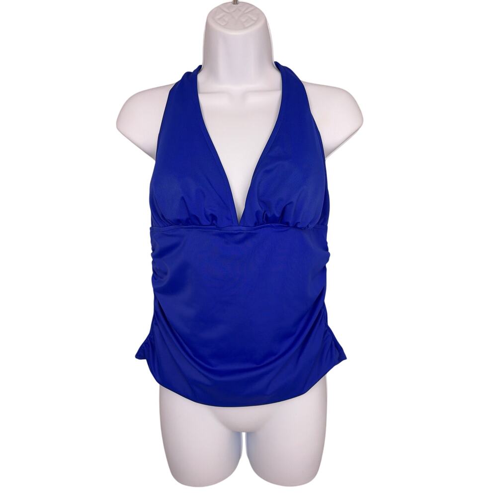 Venus Plunging V-neck Side Ruching Halter Tankini Swim Top Blue Size 10